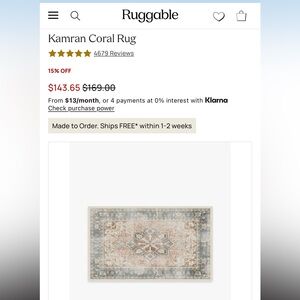 Ruggable Kamran Coral Washable Rug - 3x5 cover only